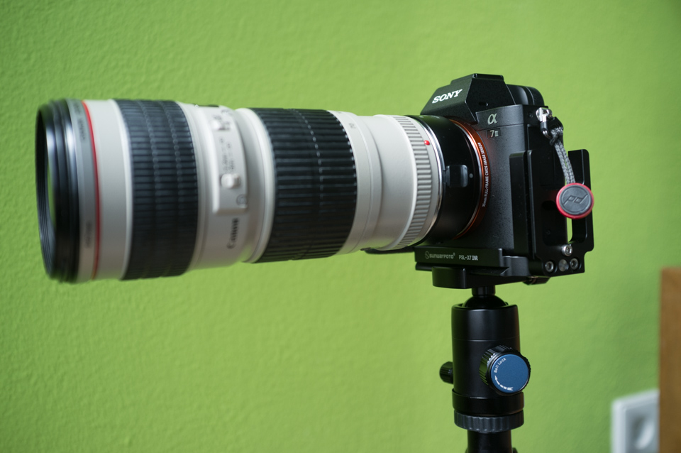 The Sony A7II + Canon 70-200mm f/4 is quite stable on the Sirui